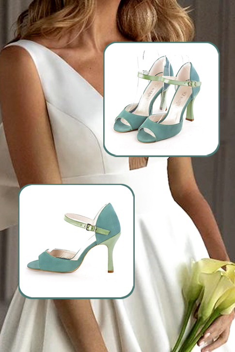 Mint green women's closed back sandals, with an instep strap. Round toe. High spool heels. Top view - Florence KOOIJMAN